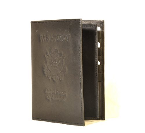 Leatherboss Genuine Leather Passport Holder Wallet with USA Eming for men women, Black