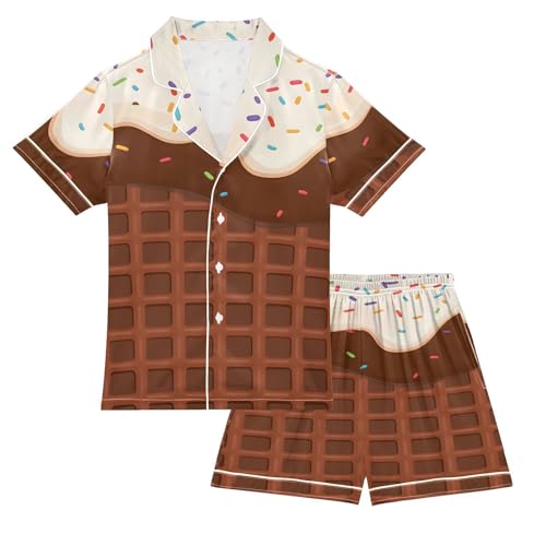 Chocolate Ice Cream Waffle Print Pajamas Set Summer Button Down Sleepwear Pjs Sets Comfy Loungewear