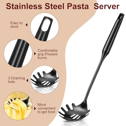 Image of Patelai Stainless Steel Spaghetti Spoon and Pasta Tongs Set, Long Handle Noodle Server Tools with Drain Holes, Non-slip Grip for Cooking, Serving Pasta and Noodles(Black)
