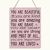 You Are Beautiful Sign, Pink Wood Wall Art, Hanging Wooden Plaques, Motivational Decor for Girls Bedroom, Baby Girl Room, Encouragement Gift for Women Friends