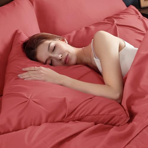 Image of Bedsure King Size Comforter Set Coral Red - Bed in a Bag Bedding Set 7 Pieces, GentleSoft Pintuck Bed Set Gift for Family, All Season Down Alternative Comforter with Sheets, Pillowcases & Shams