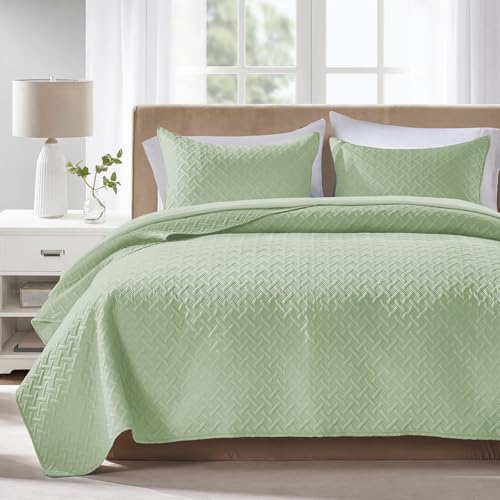 FLYMME Quilts Queen Size, Lightweight Sage Green Bedspreads, Basket Weave