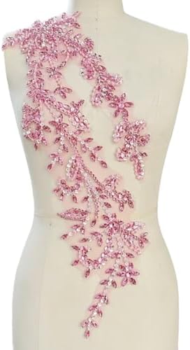 Handmade Shining Acrylic Rhinestones on lace Applique Sewing Beads Stones Trim Patches Accessories for Wedding Dress (Pink Right)