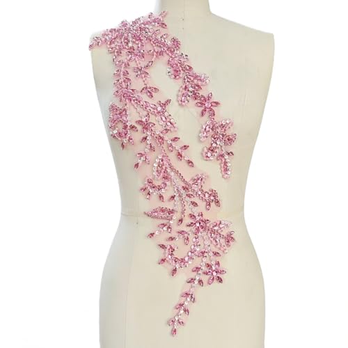 PLune Handmade Shining Acrylic Rhinestones on lace Applique Sewing Beads Stones Trim Patches Accessories for Wedding Dress (Pink Right) by PLune - Used condition - US$31.93