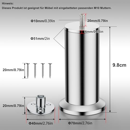Qenovo® 4 Stück M10 Möbelfüße Edelstahl, Sofa Füße, Für Schrankfüße Bett Beine/Sofa Beine/Tischbeine höhenverstellbar Verwenden Sie M10-Schrauben,Unterstützung über 600 kg. (9.8CM)