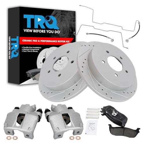 TRQ Performance Rear Brake Pad and Rotor Set Ceramic Slotted Drilled Calipers Compatible with 1999-2003 Ford F-150 Lightning 2002-2003 F-150 Harley-Davidson Edition 2004 F-150 Heritage SVT Lightning