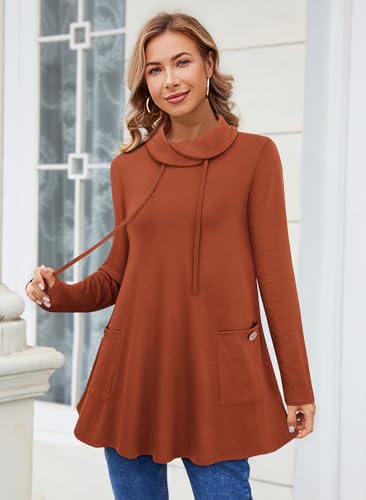 Bulotus Fall Sweaters for Women 2025 Cowl Neck Asymmetrical Long Tunics for Leggings Vacation Travel Tops with Pockets