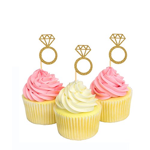 Tkmos ESCT-JS1013-035 50 Pack Cupcake Toppers Gold Glitter Mini Diamond Ring Cakes Toppers thumb #5