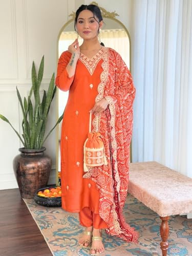 Image of Naixa Women's Viscose Embroidered Straight Kurta with Viscose Pant and Silk Blend Embroidered Laced Dupatta Sets (Available in Plus Size)