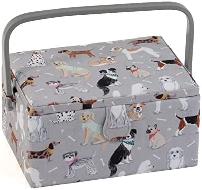 Hobby Gift Exclusive Medium Sewing Craft Hobby Storage Box, Accessories Tray Pin Cushion Pocket PVC Handle 18.5 x 25.5 x 14.5cm, Grey Dogs