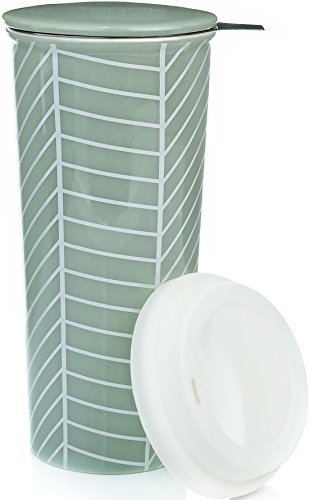 Willow & Everett 16oz Ceramic Travel Mug with Herringbone Double-Walled Tea Cup Infuser, Lids and Silicone Top - Tall Coffee and Tea Mugs