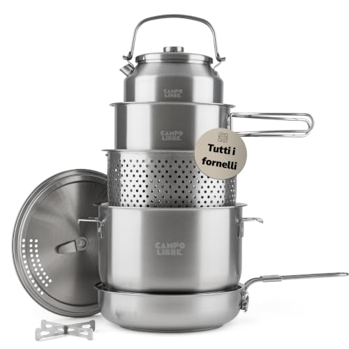 Campo Libre.® ENZO Set Pentole da Campeggio – Pentole e Padella in Acciaio Inox Resistente con Tecnologia ProCore, Compatibile con Fornello Elettrico, Induzione, Gas, Compatto e Impilabile. 8 pezzi
