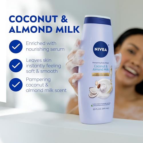 NIVEA Pampering Coconut and Almond Milk Body Wash with Nourishing Serum, Moisturizing Body Wash for Women, Enriched with Provitamin B5 and Vitamin E, 20 Fl Oz Bottle - Image 4