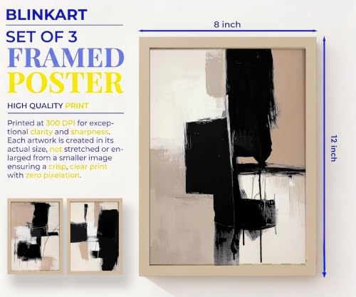 Image of BLINKART Set of 3 BLACK BEIGE BRUSHSTROKE Natural Brown Frame Painting for Wall Decoration - Modern Art Wall Decor Framed Painting for Living Room Bedroom - Framed Wall Posters /Paintings (8X12 inch)