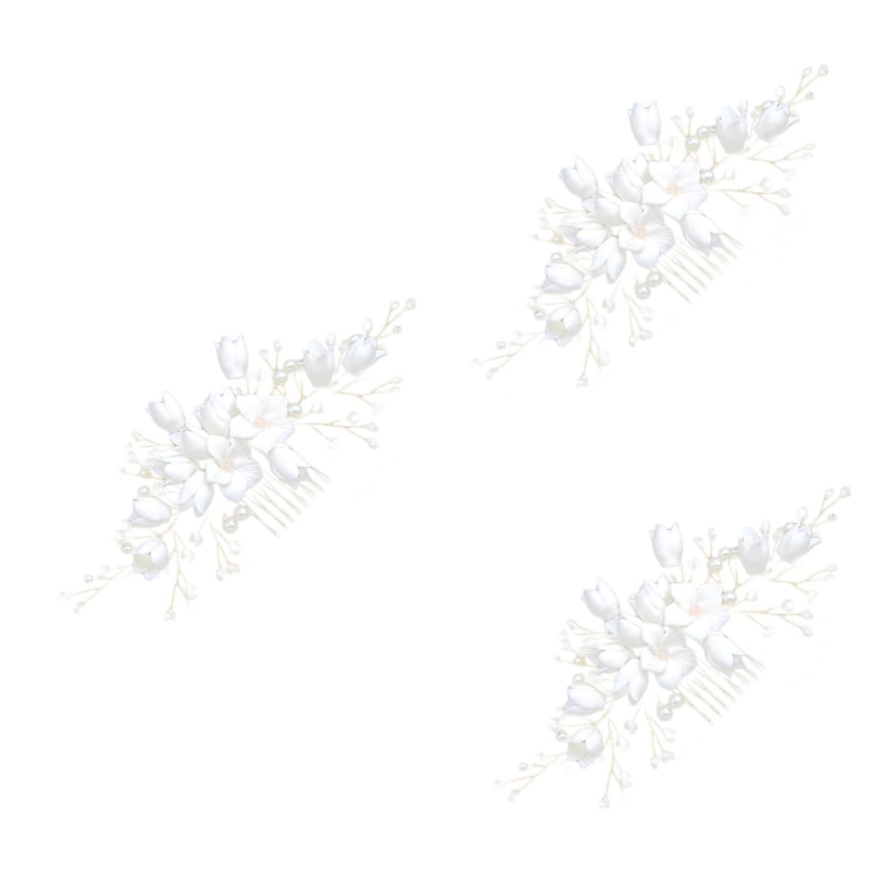 Outanaya 3pcs Polymer Clay Flower Hair Comb Bridal Pearl Crystal Beads Bridal Headpiece for Wedding