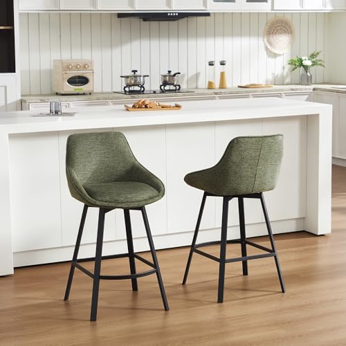 Image of Zesthouse Swivel Bar Stools Set of 4, Modern Counter Height Barstools with Backs, 26'' Upholstered Linen Fabric High Chairs for Island Kitchen, Counter Height Chairs with Metal Legs, Green