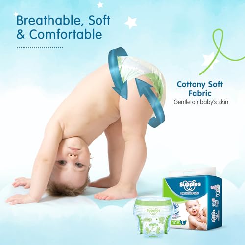 Image of Amazon Brand - Supples Premium Baby Diaper Pants | 62 Baby Diapers | Large | 9-14 Kg | 12 Hrs Absorption | Cushiony Cotton Soft Fabric | Phthalates-Free | Triple Leak Guard (Pack of 6)