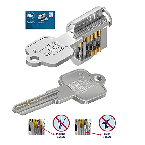 BASI | V55 Profil-Doppelzylinder 35/40 mm | Not- und Gefahrenfunktion | Zylinderschloss | 5 Wendeschlüssel & Codekarte | Bohrmuldenschlüssel | Pickingschutz & Anbohrschutz | Verschiedenschließend