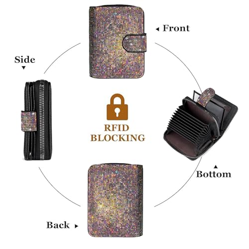 Small Wallet Women Bling Rhinestone RFID Blocking Bifold Compact Card Holder Wallet for Women with Zipper Credit Card holder (Colored diamond)3