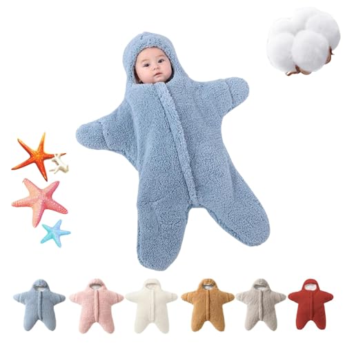Image of OVFD Baby Starfish Onesie, Thick Fleece Wearable Starfish Baby Sleeping Bag, Baby Newborn Starfish Warm Sleeping Bag for Babies (Blue, 3-6 Month)