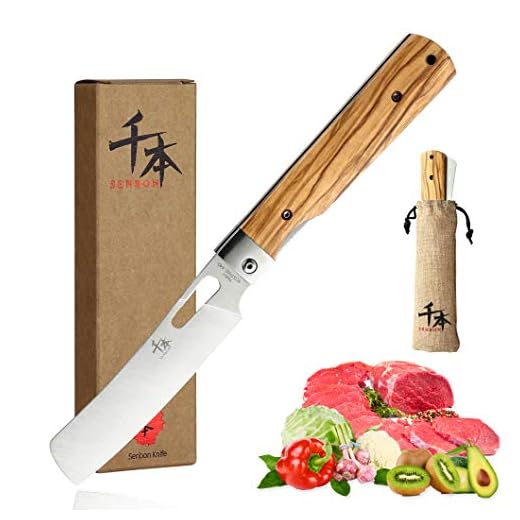 SENBON 440A stainless steel Ultra sharp Japanese style pocket folding Chef knife peeling utility knife Natural Olive Handle Camping trip Outdoor Portable kitchen knife