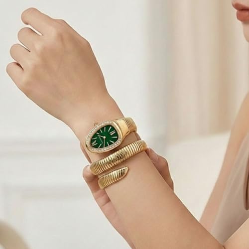 Image of Serpentine Snake Watch for Woman with Spiral Bracelet, Green Dial Watch for Woman with Quartz, Stylish Analog Waterproof Serpenti Watches Women