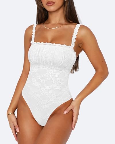 Saslax Women's Sexy Square Neck Lace Sleeveless Bodysuit Tank Tops Double Lined Body Suit Thong Outfits