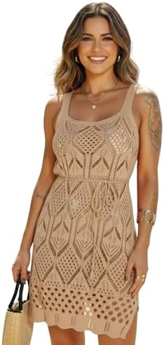 Saída de Praia Feminino Vestido Curta Alça Crochê Tricô com Cinto...
