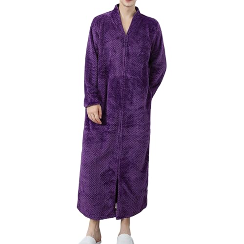 Generisch Albornoz para hombre, largo invierno, cálido, con cuello en V, manta de forro polar, con cremallera, bata de casa, kimono, ropa de dormir para hombres