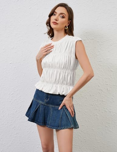 OLAPTA Women Shirred Tiered Tank Tops Crewneck Cap Sleeve Bubble Cute Babydoll Tee Shirts Summer Casual Pleated Blouse Top4
