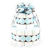 New Baby Boy Diaper Cake - 2-Tier - Blue Polka Dots on Brown Ribbon - Great Baby Shower Gift Idea or Table Centerpiece