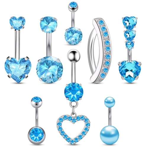 UICCVOKK 8pcs Stainless Steel Belly Ring Set - Hypoallergenic Navel Bars Rings Belly Button Piercing Jewellery Belly Bars Set for Women Pink/Blue/Rose Gold/Gold/Silver (Blue)