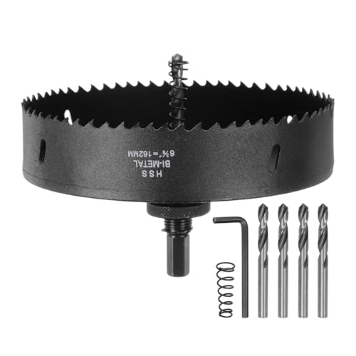 sourcing map Kit per sega a tazza bimetallica da 162 mm, set con 1 albero esagonale da 1/2, 5 punte da trapano centrali da 1/4, 2 molle, 1 chiave per legno, plastica, metallo morbido