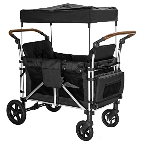 Stroller Wagon for 2 Kids, Wagon Cart Featuring 2 High Seat with 5-Point Harnesses and Adjustable Canopy, Foldable Double Push Bar Wagon Stroller for Garden, Stroller