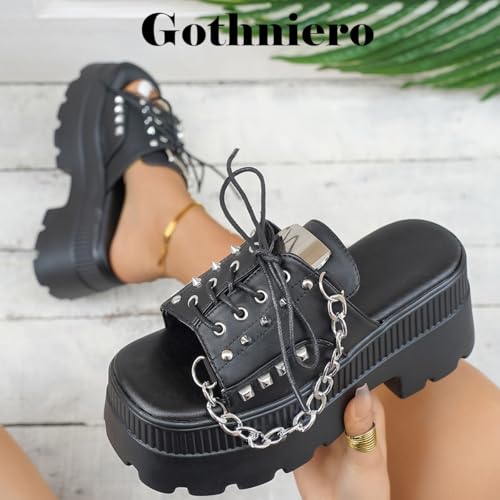 Image of Gothniero women black platform sandals goth chunky wedge heel summer sandals girls gothic punk platform sandals for women metallic spider buckles slides size 5.5-11