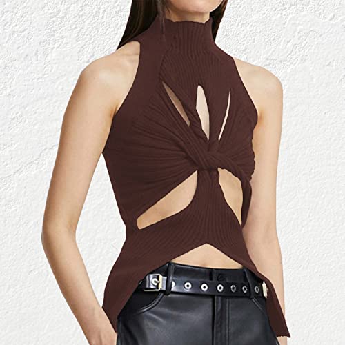 Image of Women Strapless Crop Top Sexy Hollow Out Twist Front Knitted Tank Tops Sleeveless Y2K High Neck Cut Out Sweater Vest