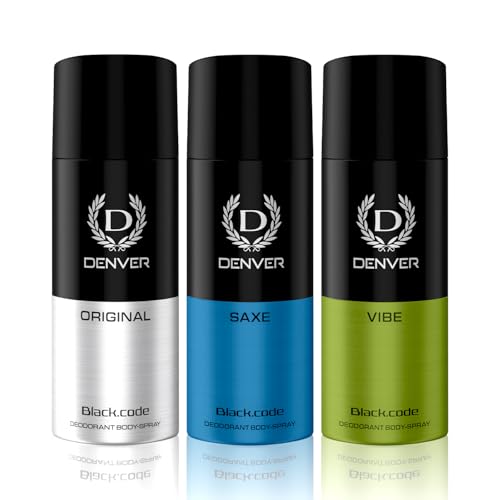 Image of Denver Black Code, Saxe & Vibe Deodorant for Men,150ML Each, Pack of 3| Long Lasting Deodorant Body Spray For Men