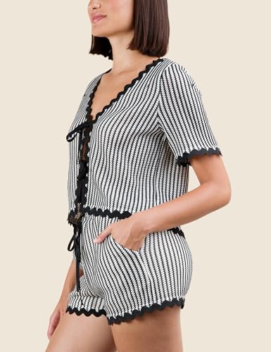 Esmeling Women Summer Striped 2 Piece Outfits V Neck Short Sleeve Knit Suit Tie Front Shorts Set with Pocket3