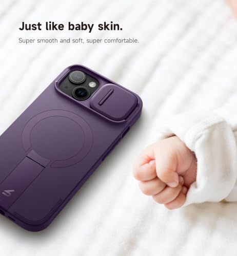 Image of SURITCH for iPhone 15 Case with Magnetic Camera Slide Cover and Adjustable Kickstand, Compatible with MagSafe, Shockproof Bumper Case Slim Protective Cover 6.1 Inch, Dark Purple