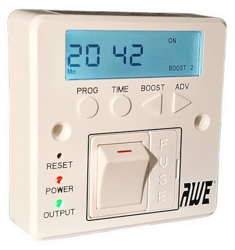 Awe 7-Day Digital Fused Timer Spur for Electric Heating, Immersers, Aga-Range Cookers, Towel Rails & Lighting | Programmable Timer/Lit Display* | Rechargeable Cell | 2000+ hrs Battery Memory Backup