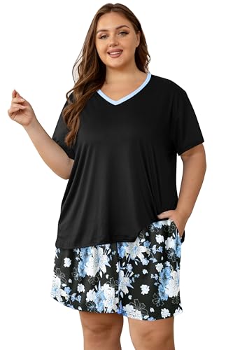 Image of Vozanet Women's Short Sleeve Top and Shorts Pajama Sets Plus Size V Neck Colorful Flower Nighty Loungewear With TWO Pockets
