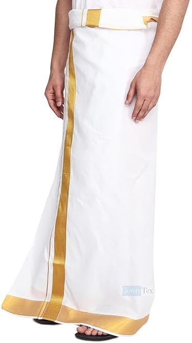 Global Men’s Traditional Pure Cotton White Dhoti with Golden Zari Border – Ethnic South Indian Veshti for Festivals & Weddings