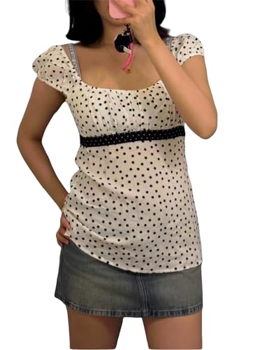 VnimVinter Women Fairy Grunge Y2k Babydoll Shirt Cap Sleeve Micro Polka Dot Tie Back Flowy Babydoll Top Preppy Clothes (White S)