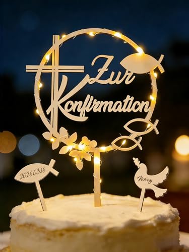 Tortendeko Konfirmation mit LED Lichterkette Cake Topper Zur Konfirmation aus Holz & Fisch Taube Kuchen Deko Tortenstecker Deko Junge Mädchen Geschenke Gastgeschenke Konfirmationsgeschenke