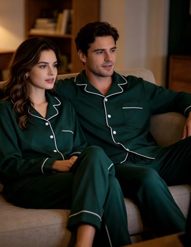 Image of Veseacky Mens 100% Cotton Pajamas Set Long Sleeve Button Down Sleepwear Soft Loungewear Pjs with Pockets