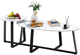 COSTWAY Coffee Table Set of 2, Faux Marble Oval Round Nesting Tables Set, Stacking Sofa Side Table Accent Cocktail Tea Desk for Living Room, Bedroom, Hallway and Office