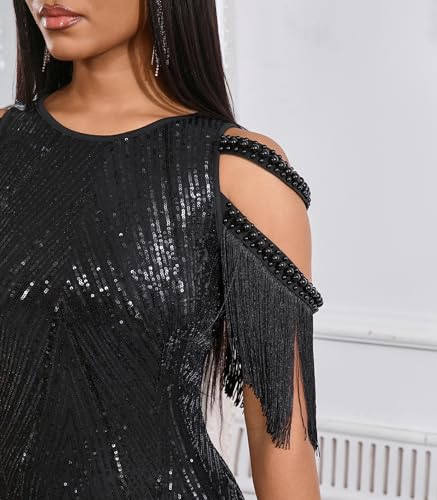 Image of Cololura Sexy Elegant Women Sequin Long Sleeve Tassel Bodycon Midi Dress Party Evening Gown Formal Dress