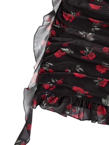 Verdusa Women's Floral Mesh Micro Mini Skirts Ruched High Waist Bodycon Ruffle Skirt4