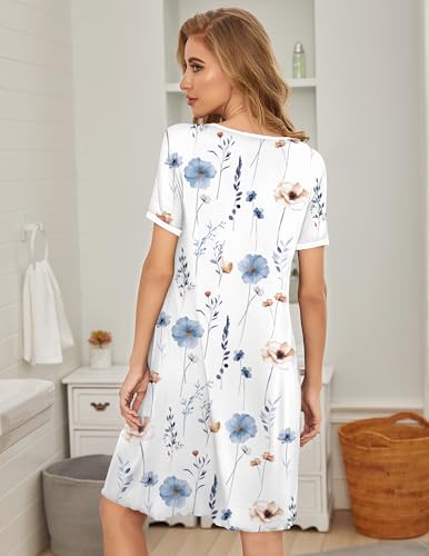 Image of Ekouaer Women's Nightgown Short Sleeve Sleepwear Comfy Sleepshirts Pleated Scoopneck Nightshirt S-XXXL