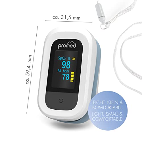 Promed Pulsoximeter PM-200 Pro, Einfache Messung von Herzfrequenz & Sauerstoffsättigung im Blut, Fingerpulsoximeter mit OLED-Display & Abschaltautomatik